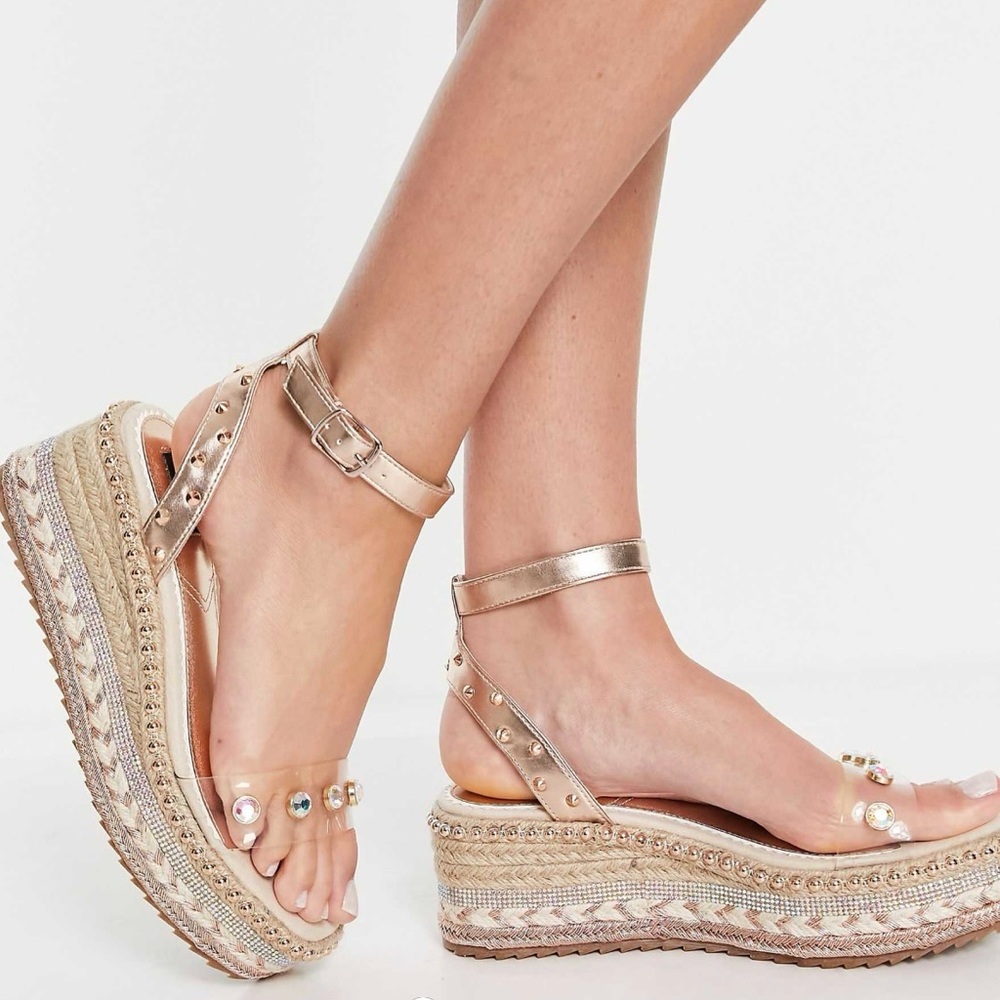 River Island Size 8 Wide Fit Rose Gold and Clear Embellished Espadrille Sandals